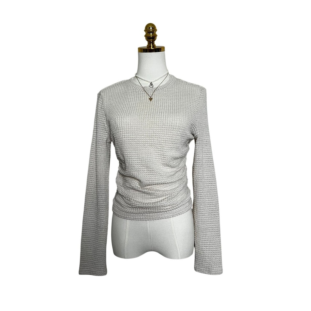 SHEIN Women Beige Waffle Knit Ruched Side Long Sleeve Top Size L 8/10 - Picture 1 of 8